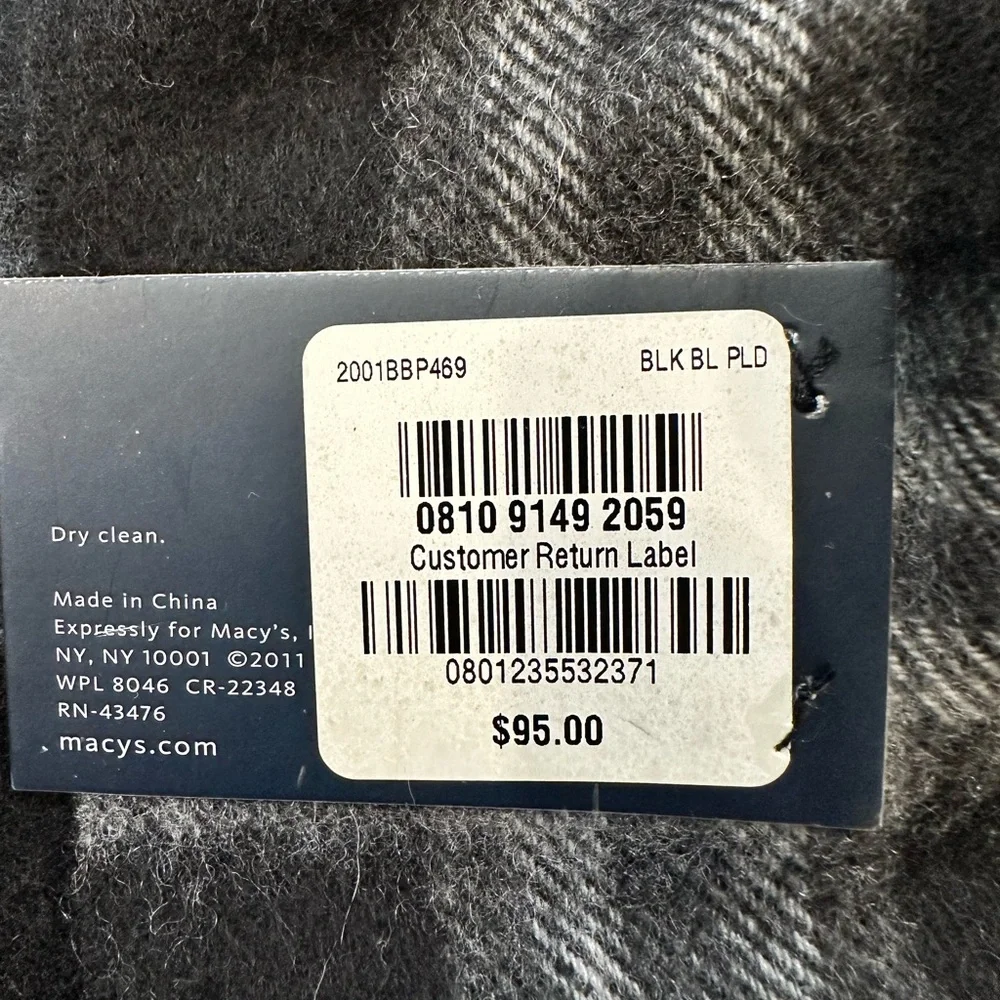 NEW Club Room 100% Cashmere Plaid Scarf-Black/White/Light Blue